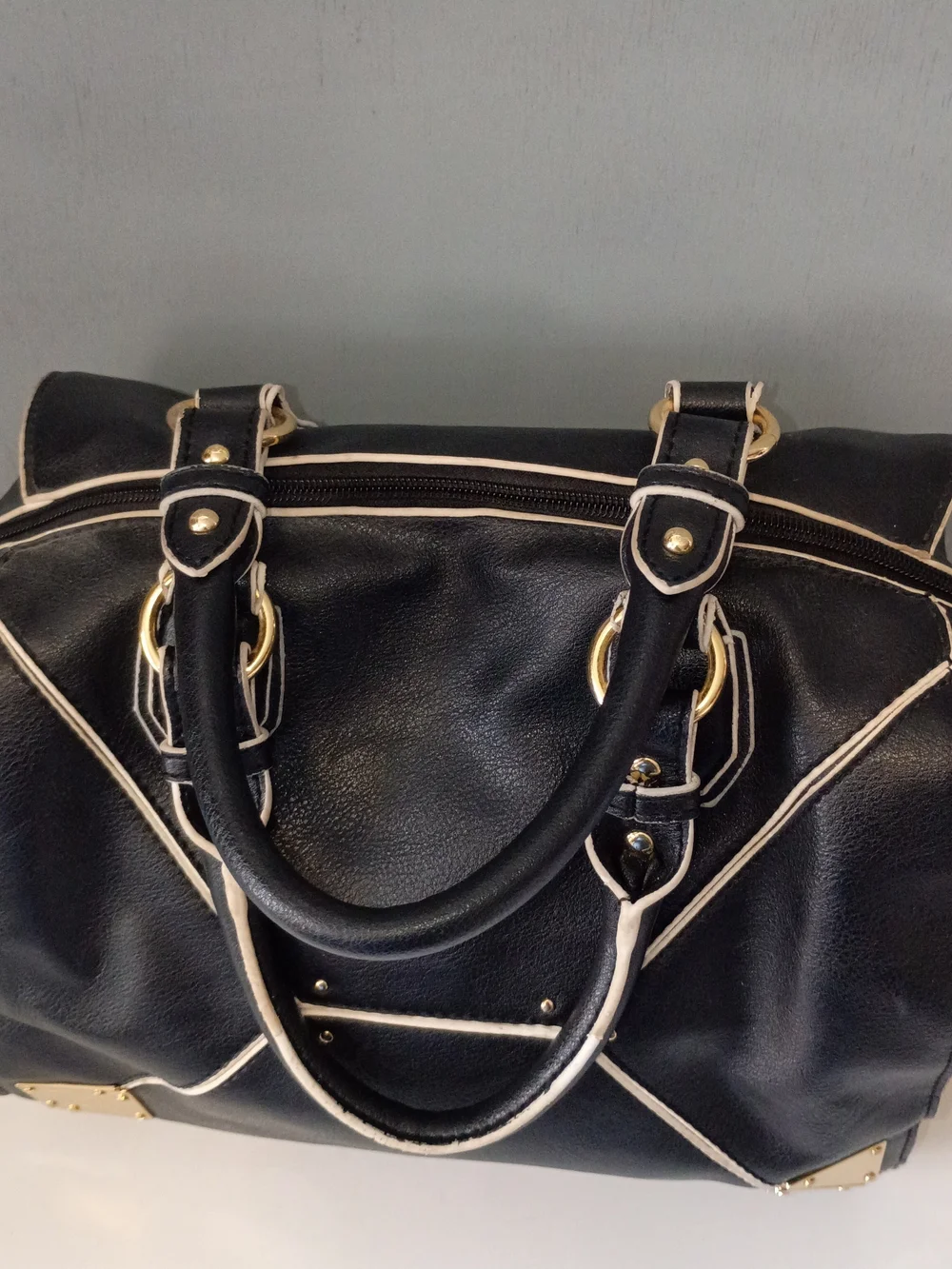 Kardashian Kollection Black Satchel with Cream Trim and Gold Accents